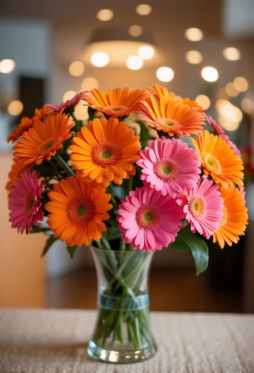 A vibrant bouquet of orange and pink Gerbera daisies arranged in a glass vase