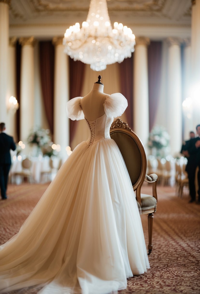 A grand ballroom with soft lighting, a flowing romantic ball gown with puffy sleeves draped over a vintage chair