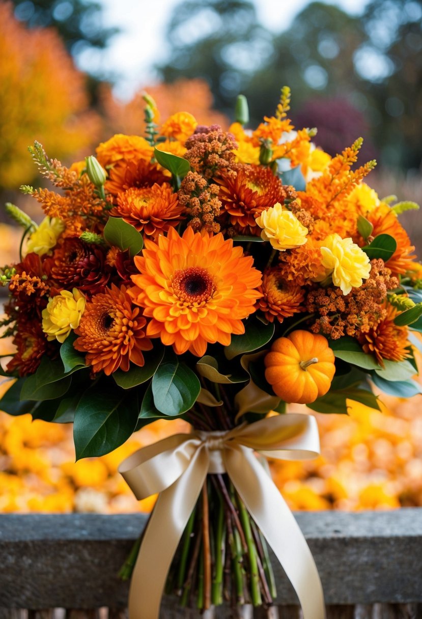 A lush bouquet of autumn-hued flowers, including deep oranges and warm yellows, tied with a satin ribbon