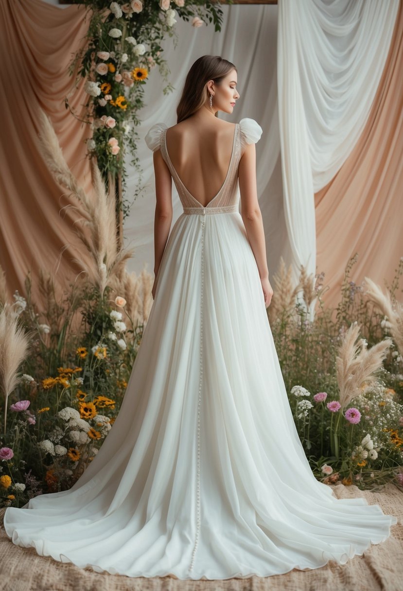 A flowing A-line wedding dress with delicate puff details, set against a backdrop of bohemian-inspired elements such as wildflowers and flowing fabric