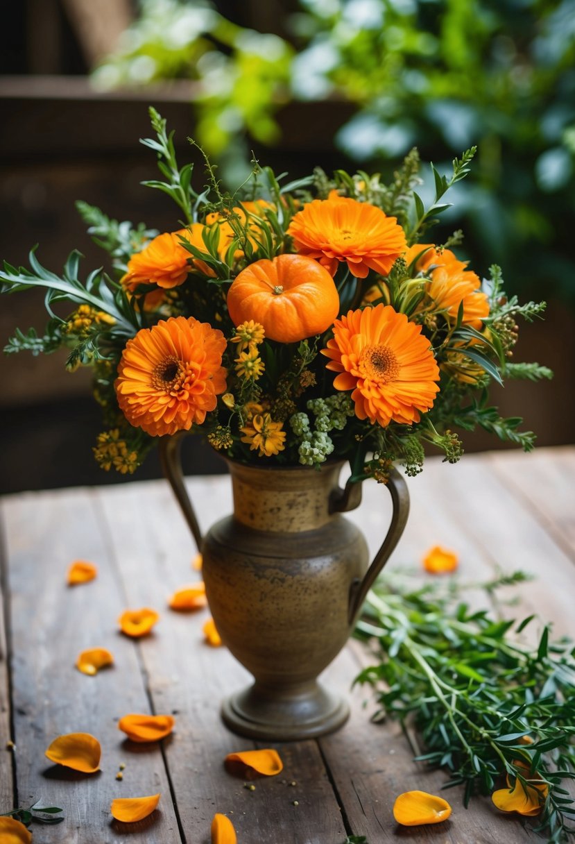 A rustic wildflower orange bouquet arranged in a vintage vase on a wooden table, surrounded by scattered petals and greenery