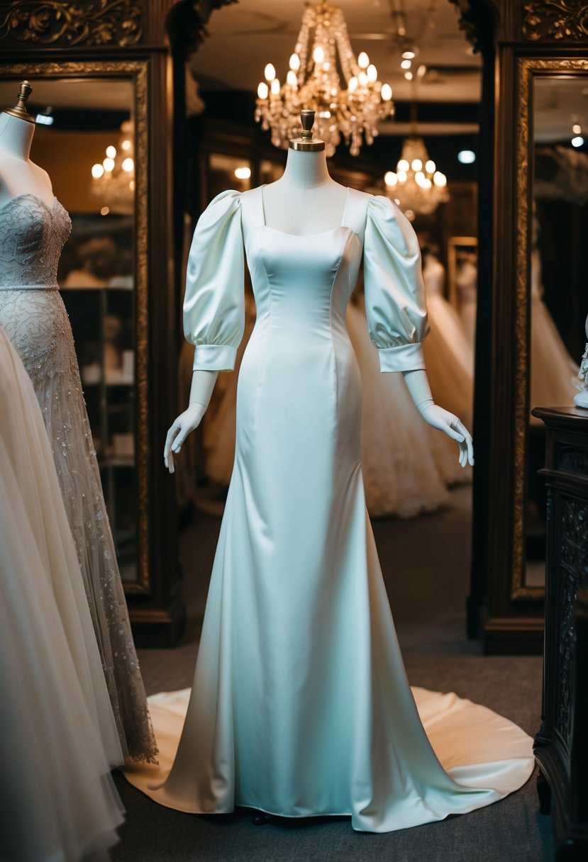 A vintage-inspired puffy sleeve gown displayed on a mannequin in a dimly lit, ornate bridal boutique