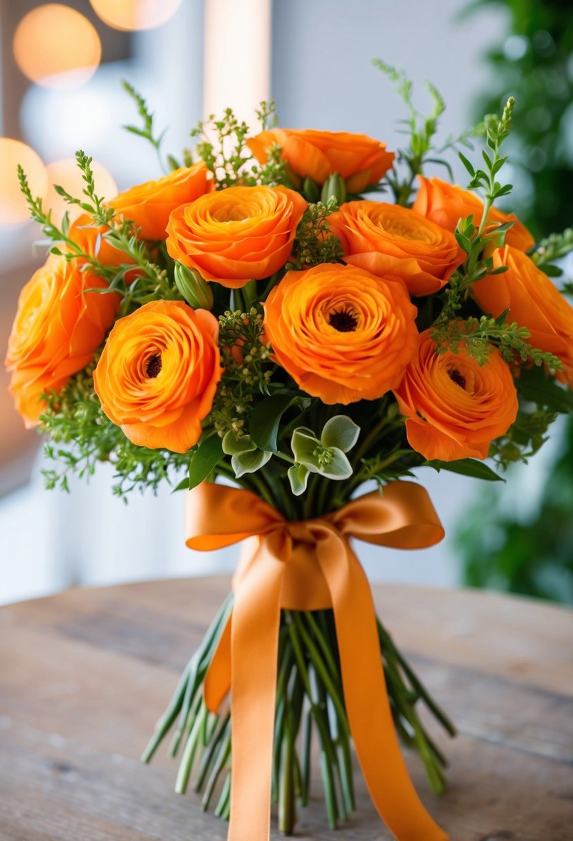 A vibrant orange bouquet with sienna ribbon tied around the stems, arranged in a delicate and elegant manner