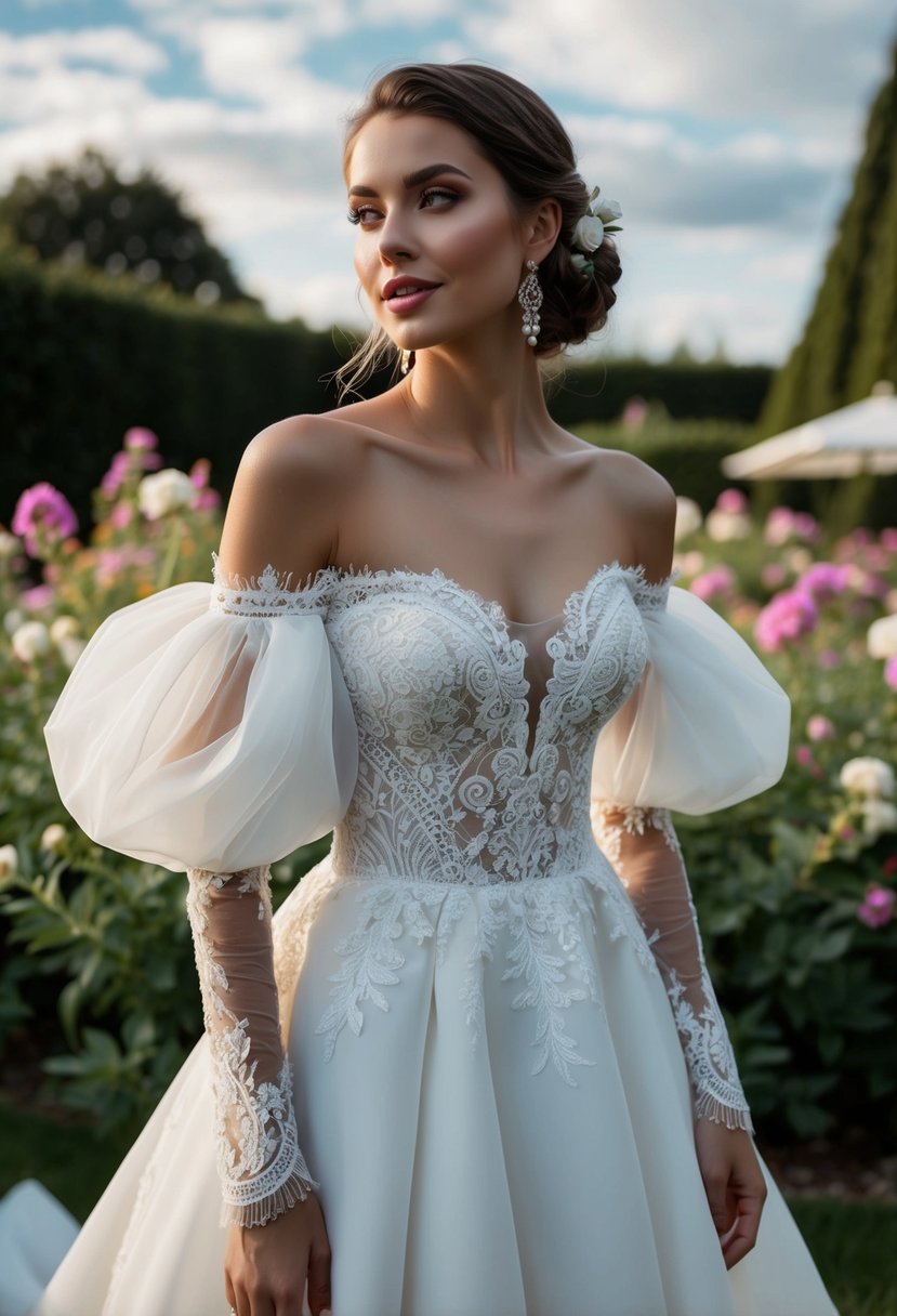 An off-shoulder wedding dress with puffy statement sleeves, adorned with intricate lace and flowing fabric, set against a romantic garden backdrop