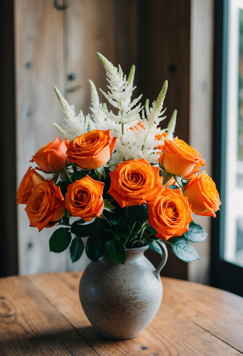 A bouquet of orange roses and white astilbe arranged in a rustic vase on a wooden table