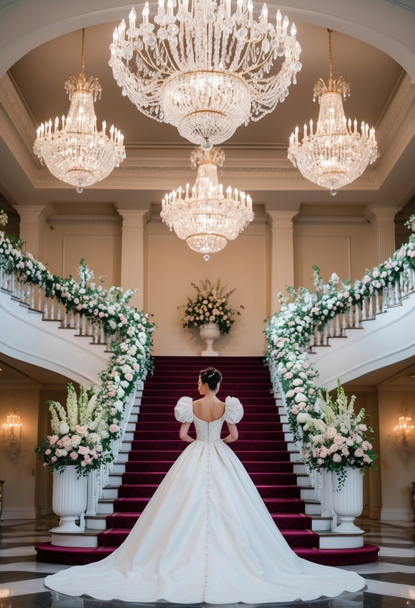 A grand ballroom with a cascading staircase, adorned with crystal chandeliers and opulent floral arrangements, showcasing an elegant princess-style puff-sleeve gown