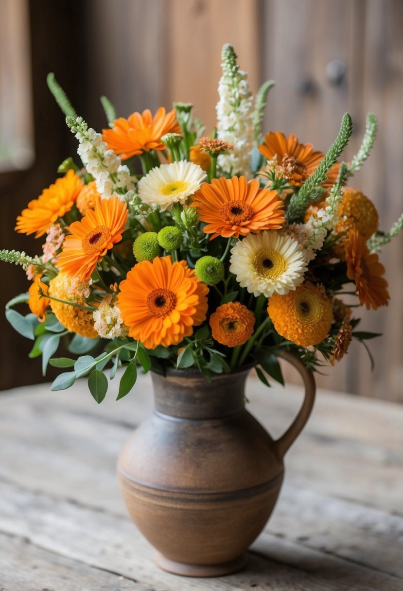 A vibrant tangerine and cream wildflower mix bouquet arranged in a rustic vase