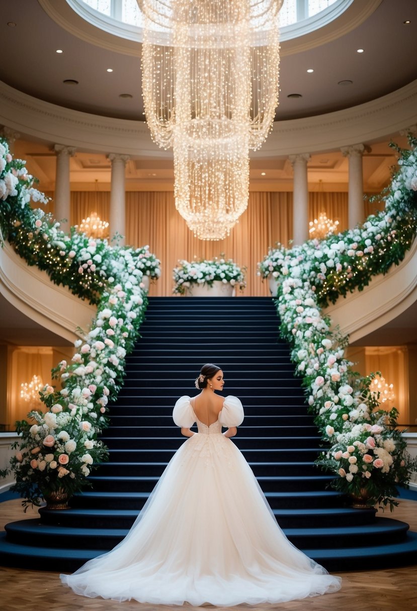 A grand ballroom with a cascading staircase, adorned with twinkling fairy lights and blooming floral arrangements, showcasing a fairytale-inspired puffy sleeve wedding gown