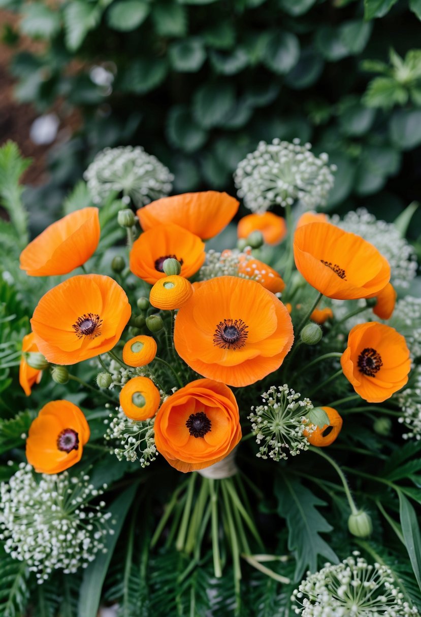 A vibrant bouquet of orange poppies and ranunculus, set against a backdrop of lush greenery and delicate baby's breath