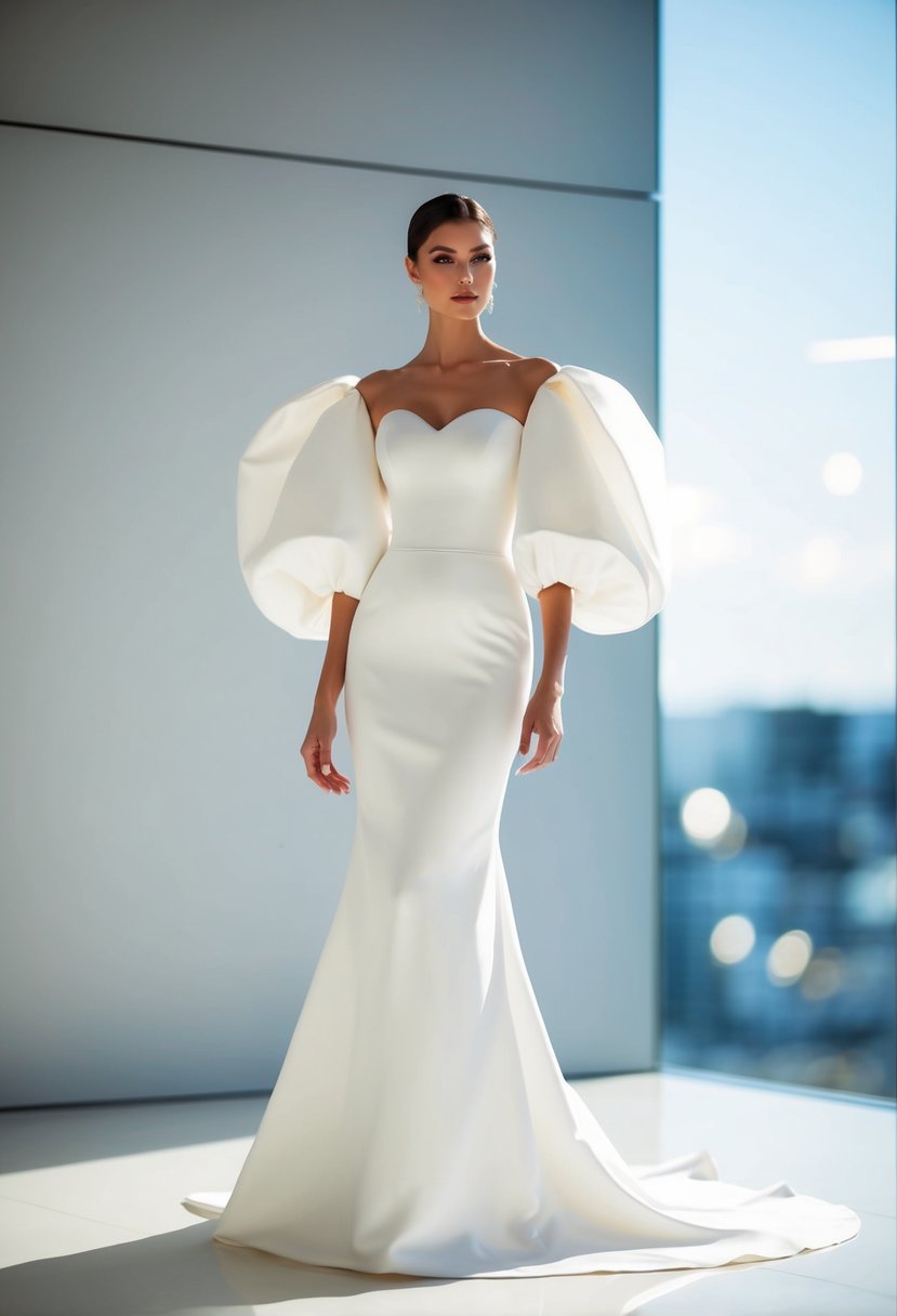 A sleek, minimalist wedding dress with exaggerated puff sleeves, set against a clean, modern backdrop