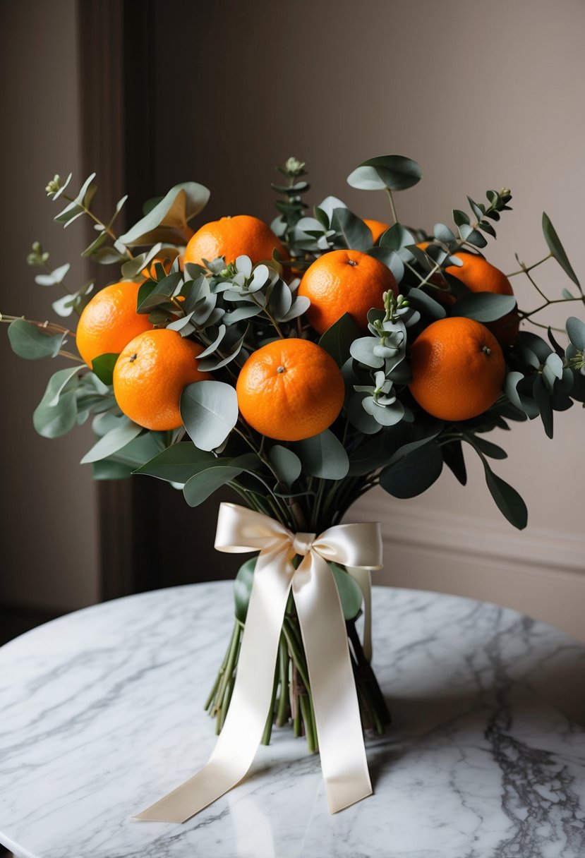 A lush bouquet of Mandarin and Eucalyptus orange flowers, tied with a satin ribbon, sits on a marble tabletop