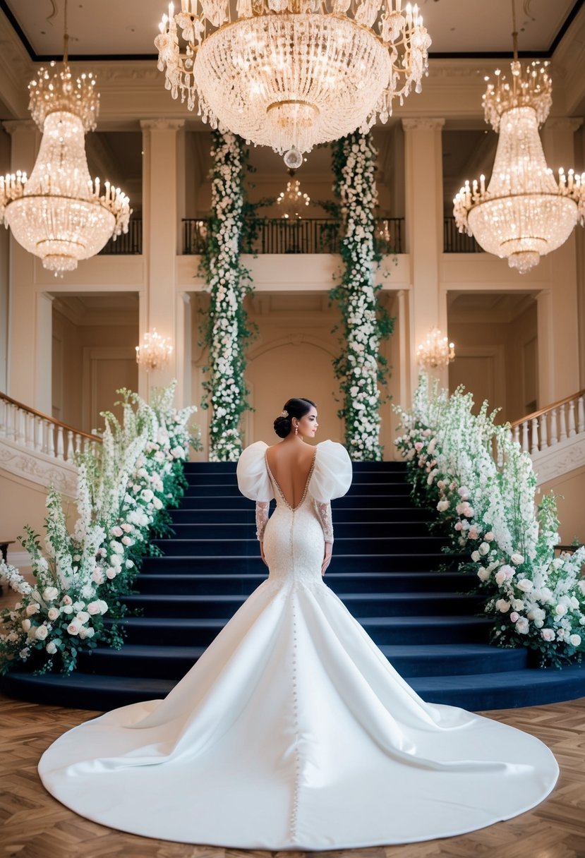 A grand ballroom with cascading chandeliers, a grand staircase, and opulent floral arrangements, showcasing a glamorous puffy-sleeve mermaid wedding dress