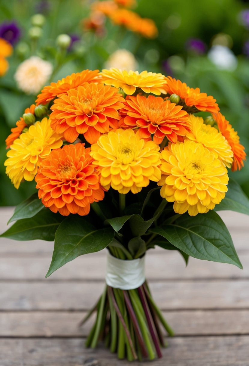 A vibrant bundle of zesty orange and yellow zinnias arranged in a wedding bouquet