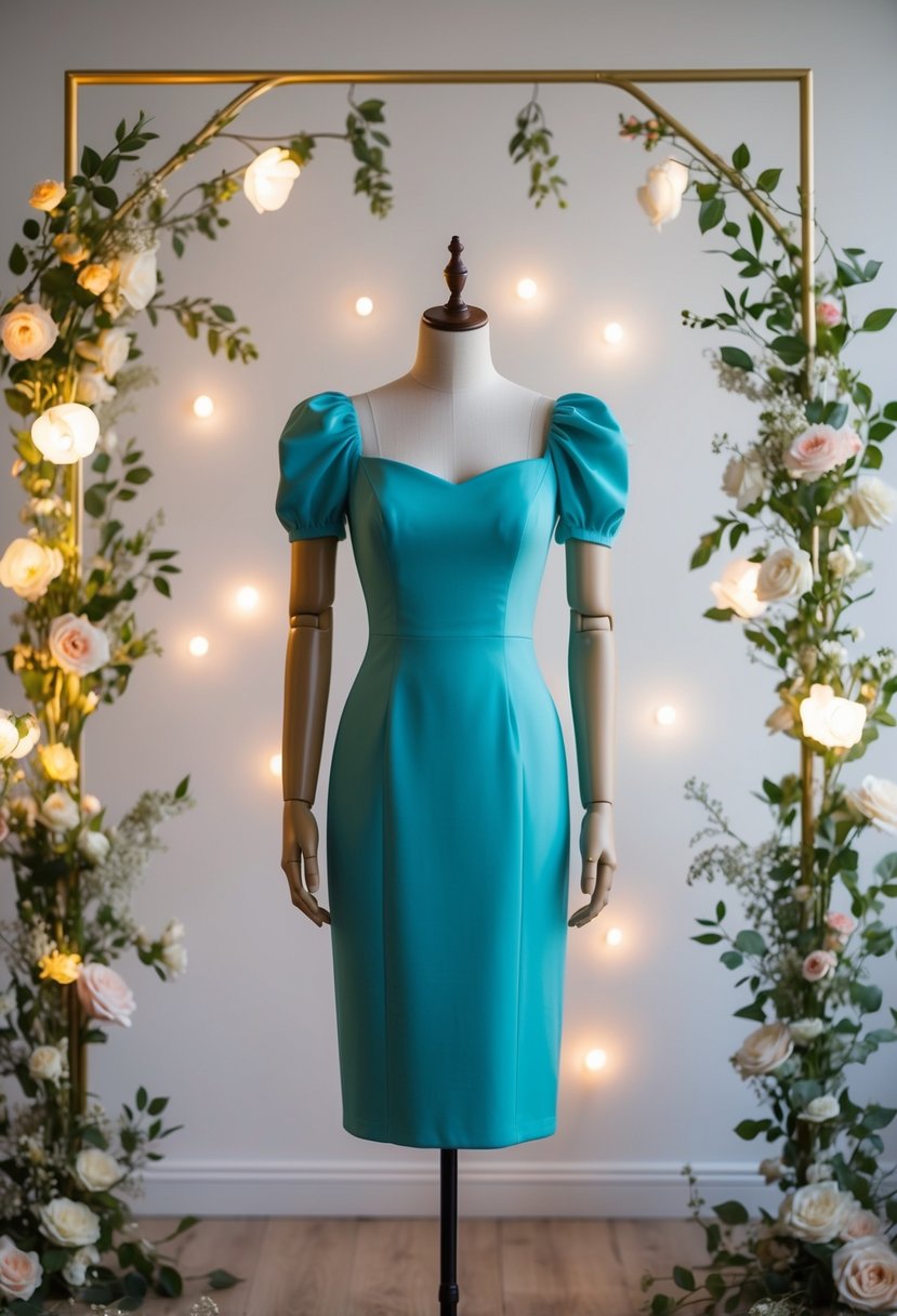 A mannequin wearing a chic puff-sleeve sheath dress, surrounded by soft, romantic lighting and delicate floral accents