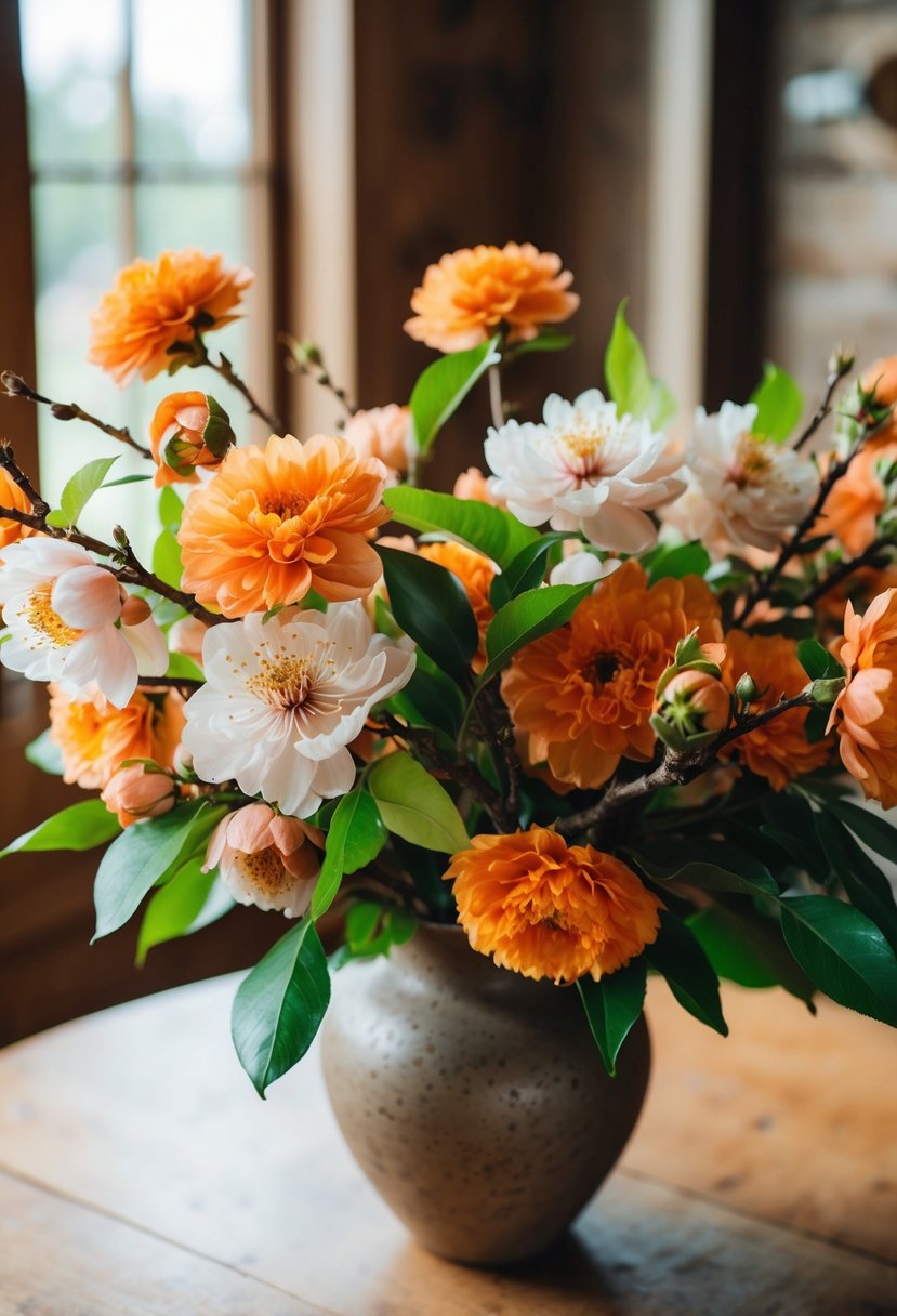 A lush bouquet of peach blossoms and burnt orange flowers in a rustic vase