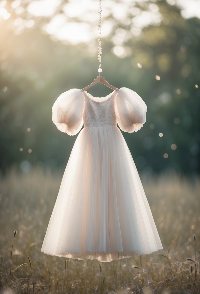 A delicate tulle dress with billowing puffy sleeves floats in a dreamy, ethereal setting