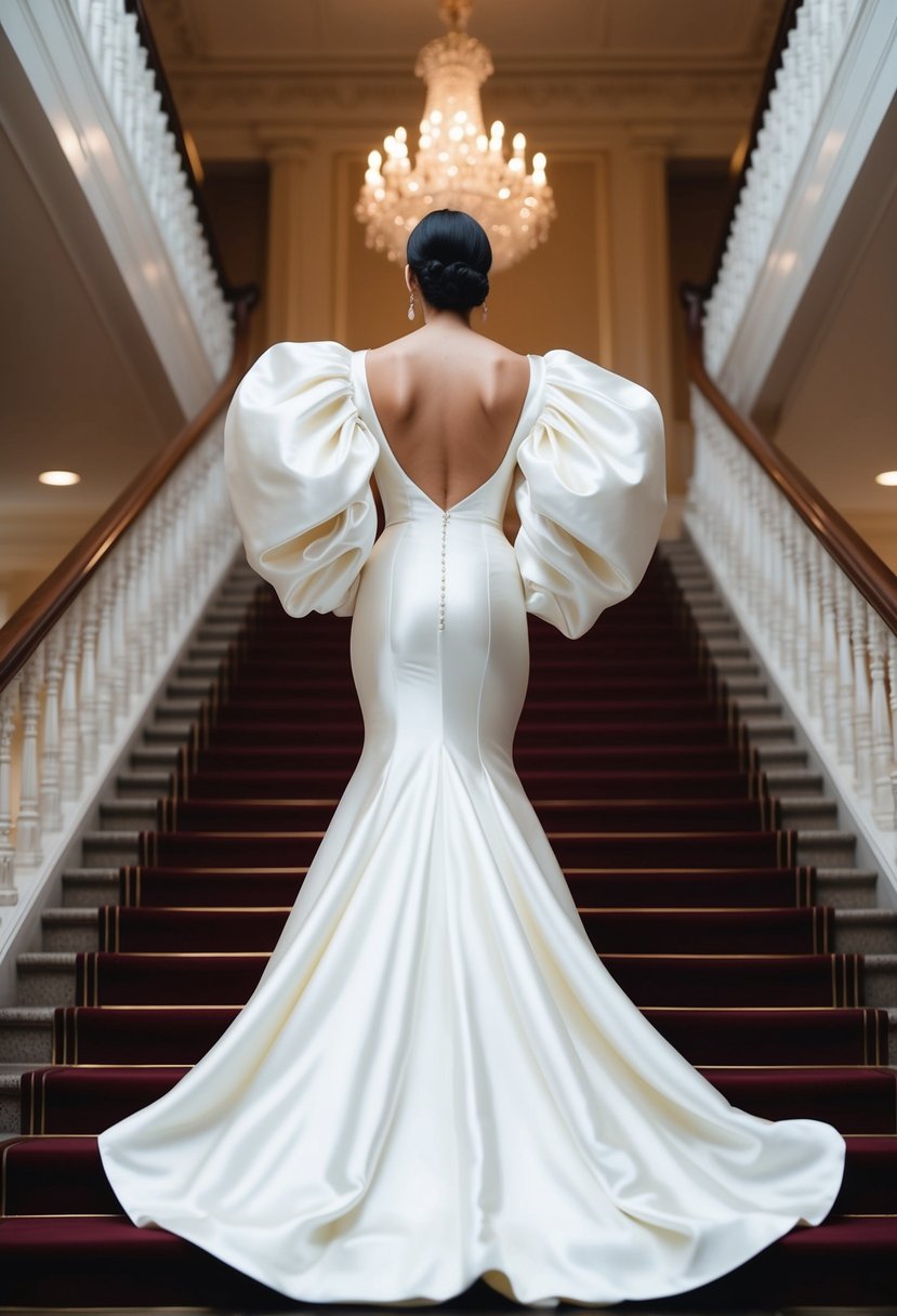 A luxurious satin gown with billowing, voluminous sleeves cascades down a grand staircase