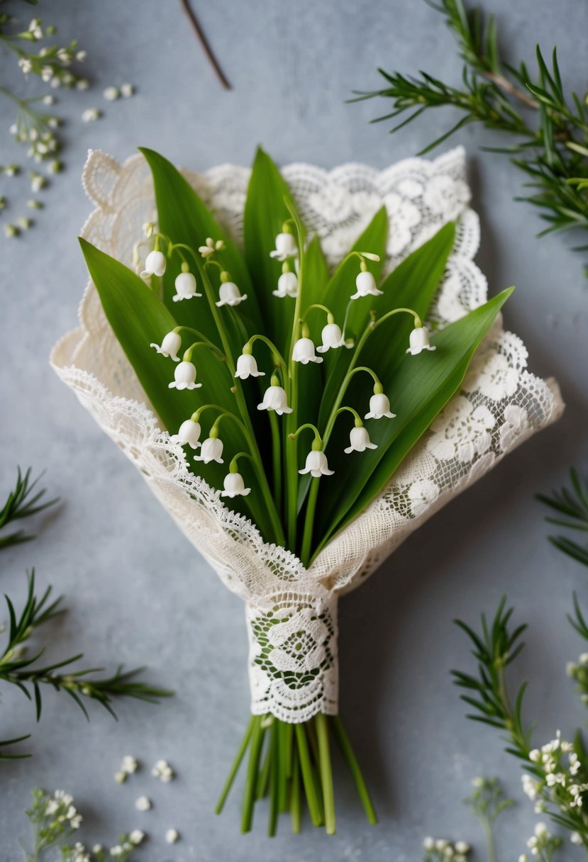 A delicate lily of the valley bouquet nestled in a vintage lace wrap, surrounded by sprigs of greenery and tiny white blossoms