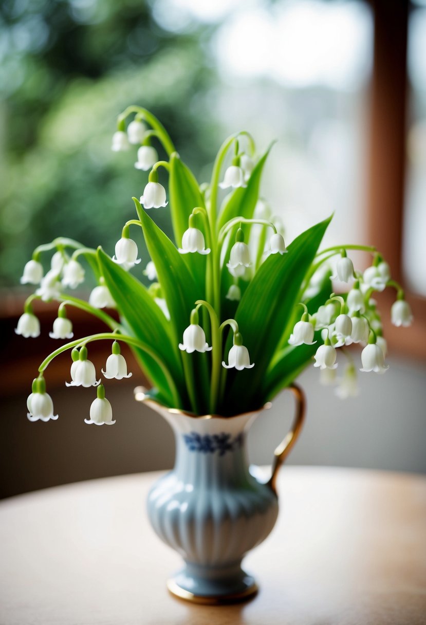 A delicate mono lily of the valley bouquet in a classic vase