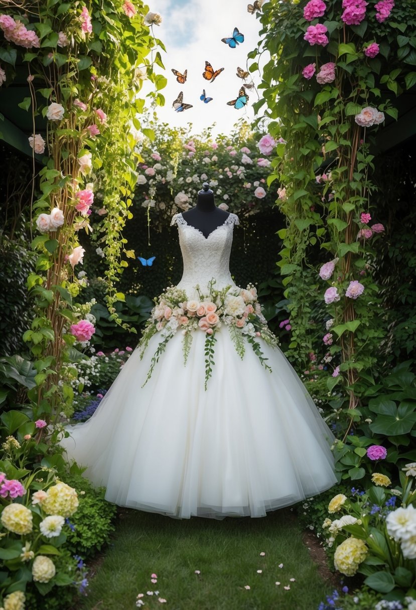 A lush garden with blooming flowers, cascading vines, and fluttering butterflies, all surrounding a puffy floral wedding dress