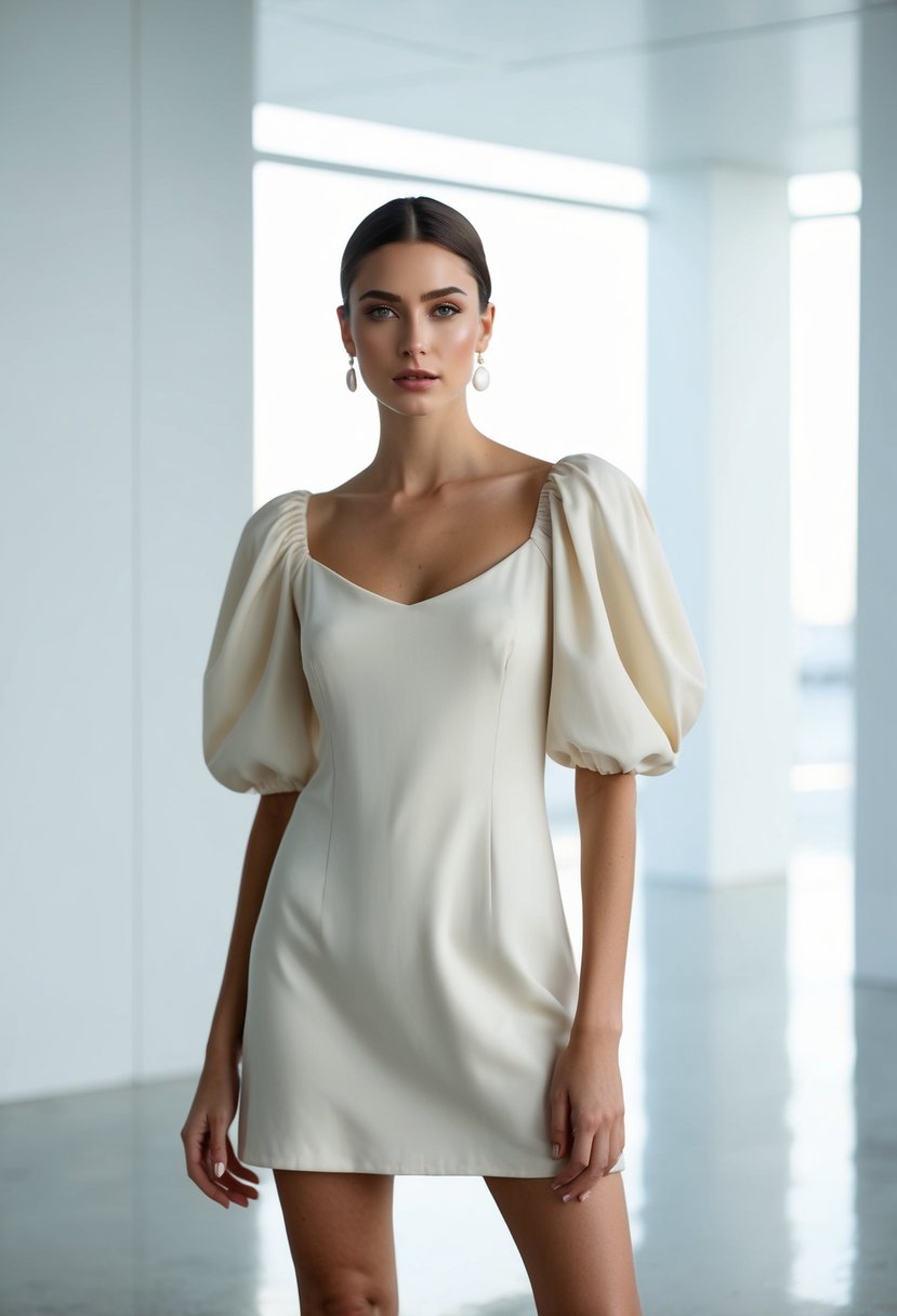 A simple slip dress with billowy puff sleeves, set against a clean, modern backdrop