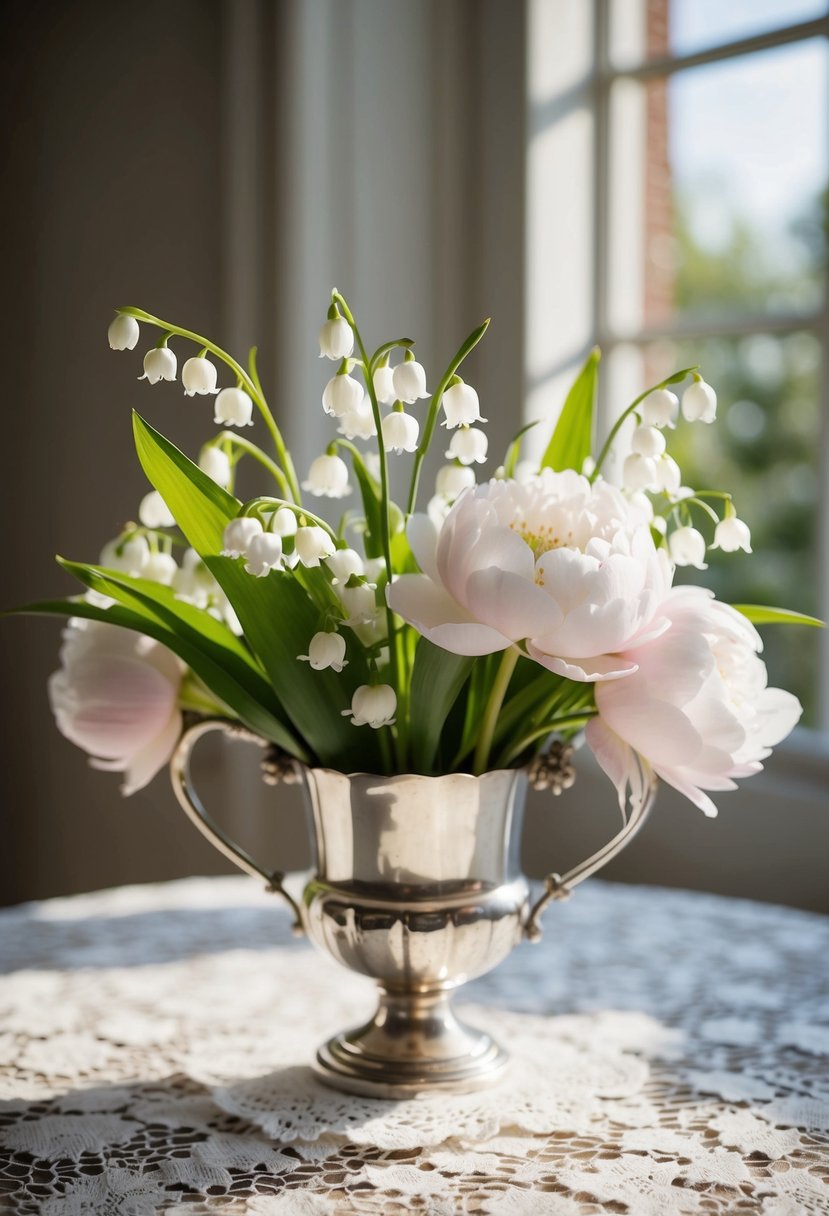 A delicate lily of the valley and peony bouquet, nestled in a vintage silver vase on a lace-covered table. Sunlight streams through a nearby window, casting a soft, romantic glow on the flowers