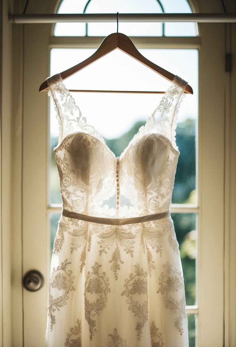 A vintage lace wedding dress hanging on a wooden hanger in a sunlit room with delicate embroidery and intricate details