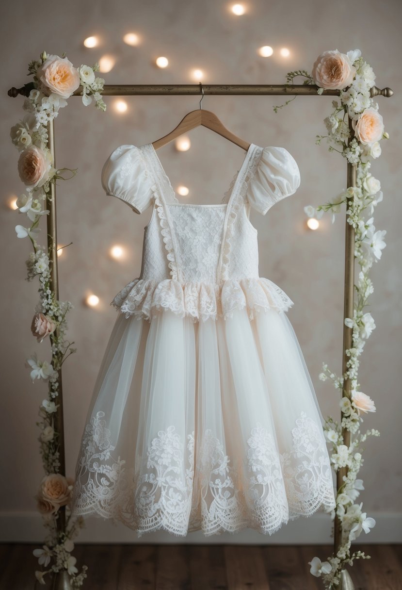 A whimsical lace dress with puffy details hangs from a vintage coat rack, surrounded by delicate floral accents and soft, dreamy lighting