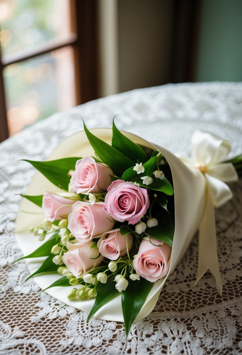 A delicate bouquet of roses and lily of the valley, wrapped in satin ribbon, sits on a vintage lace tablecloth