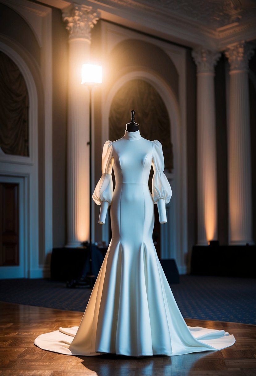 A grand ballroom with a spotlight on a mannequin wearing a sophisticated high-neck puffy sleeve wedding dress