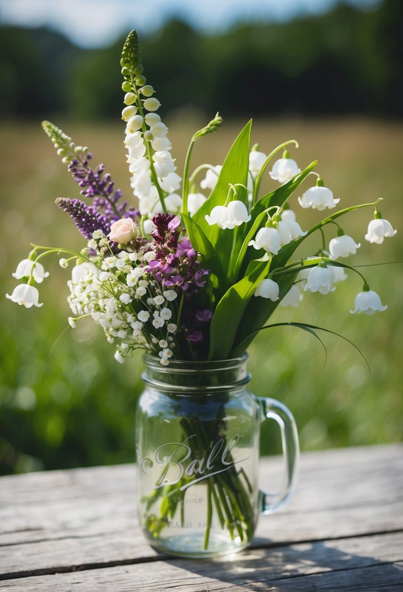 A rustic wedding bouquet of wildflowers and Lily of the Valley nestled in a vintage mason jar