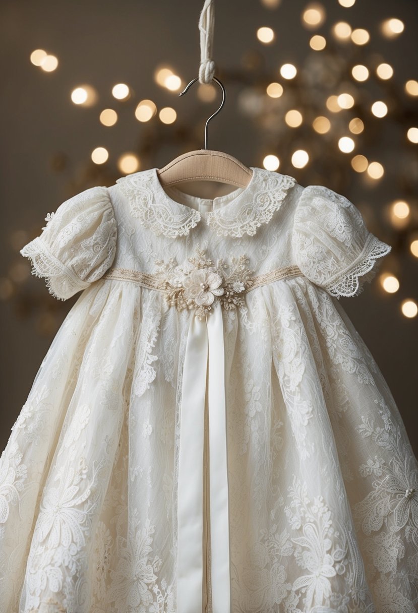 A vintage lace wedding dress repurposed into a delicate christening gown, adorned with intricate embroidery and heirloom details