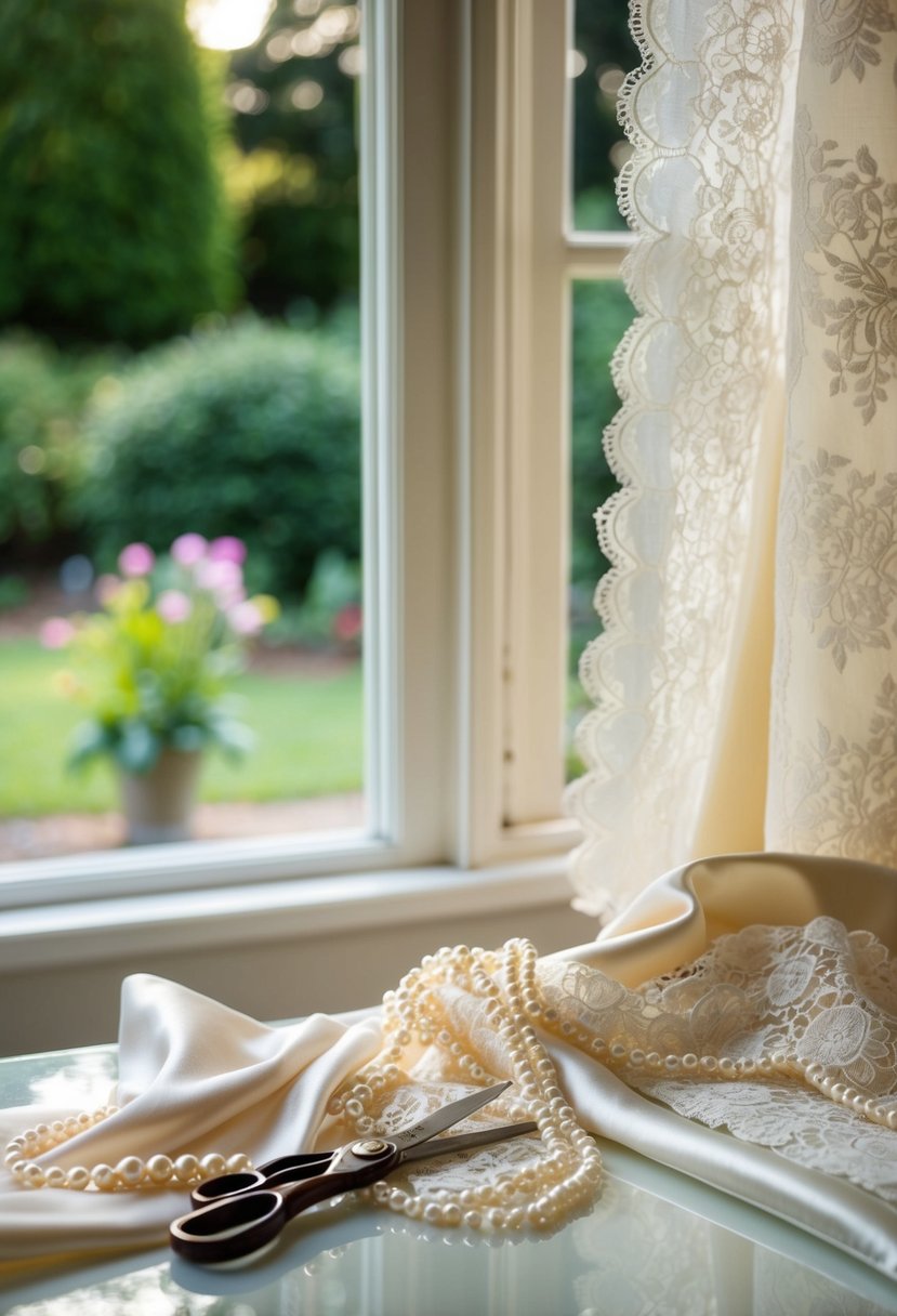 A sewing table with vintage lace, satin, and pearls. A window overlooks a garden, casting soft light on the delicate fabrics