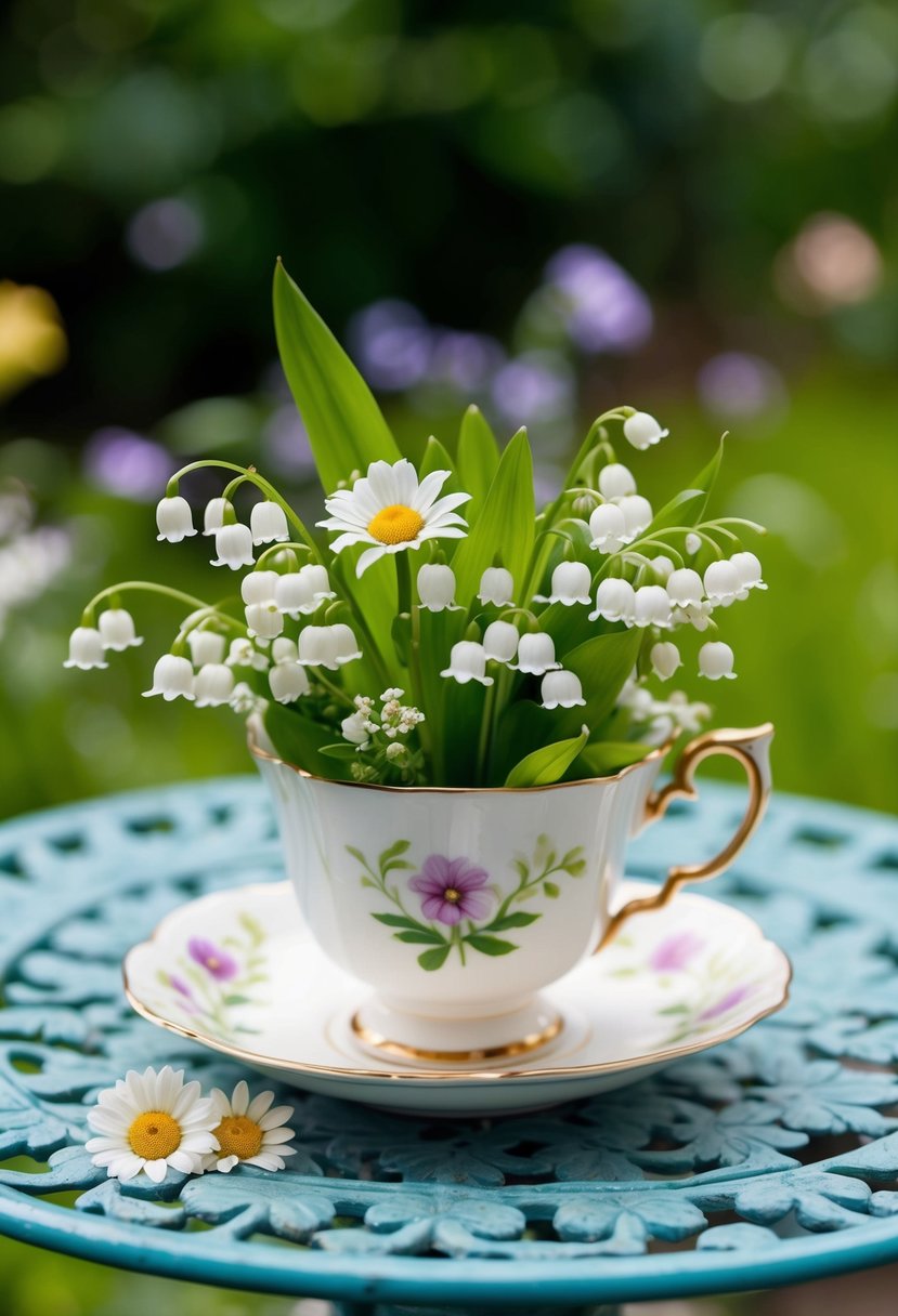 A delicate lily of the valley and daisy bouquet nestled in a vintage teacup on a whimsical garden table