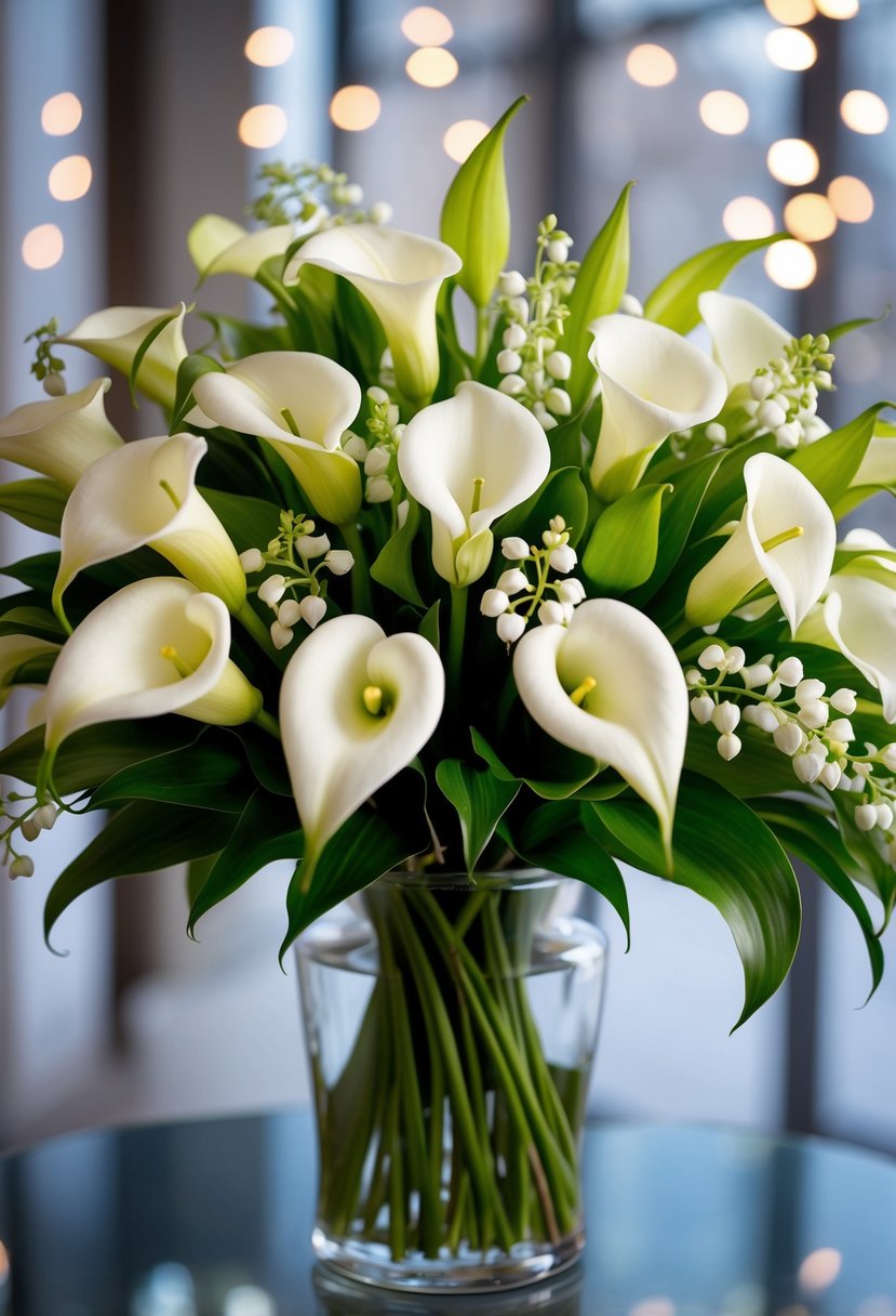 A regal bouquet of Calla Lilies and Lily of the Valley, arranged with elegance and grace