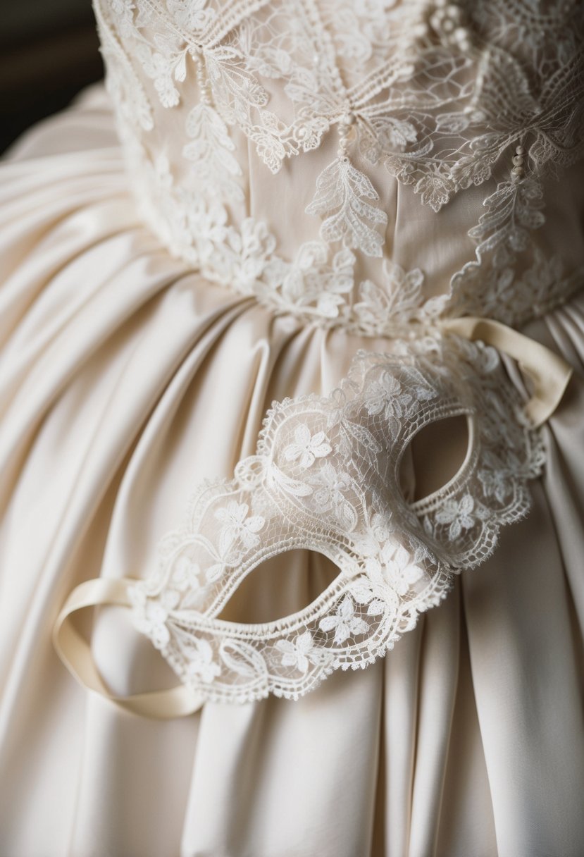 A lace mask draped over a vintage wedding dress, delicate details intertwining with the fabric, creating an elegant and timeless look