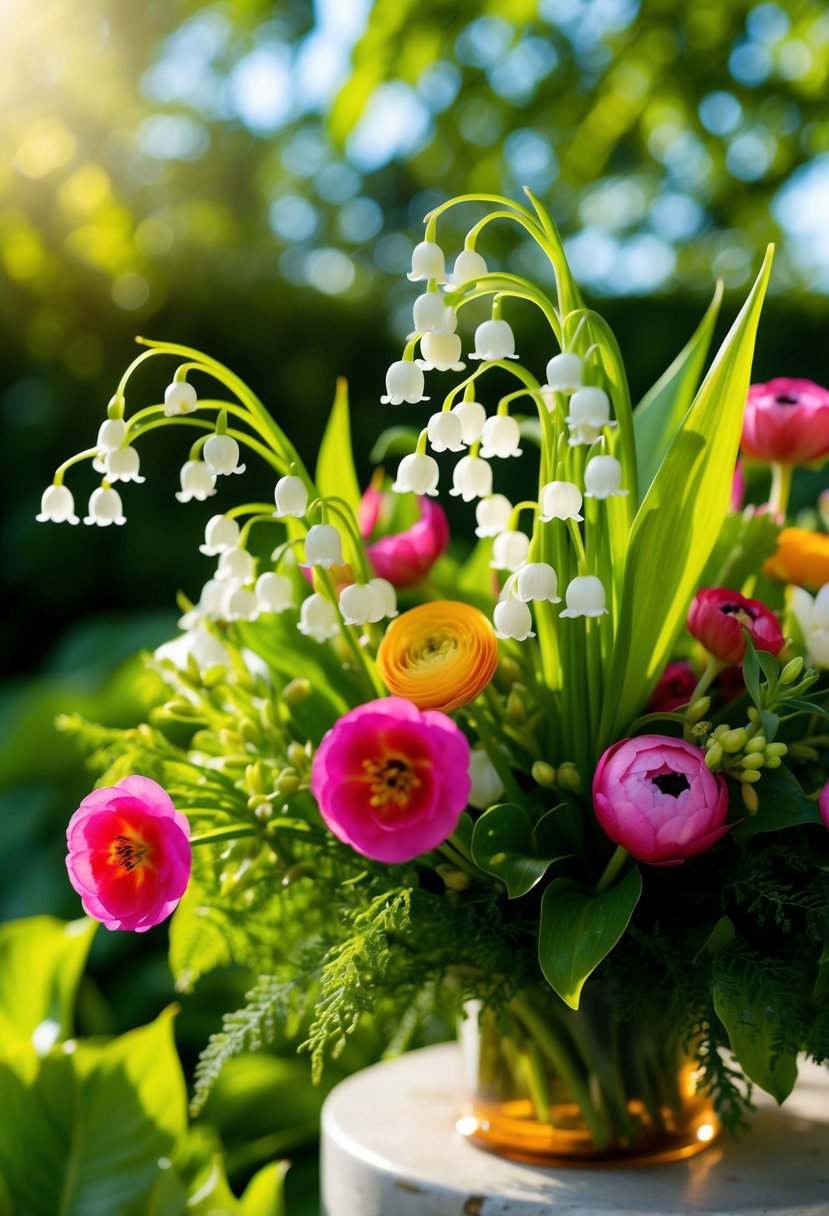 A lush bouquet of delicate Lily of the Valley and vibrant Ranunculus, surrounded by verdant greenery and dappled sunlight