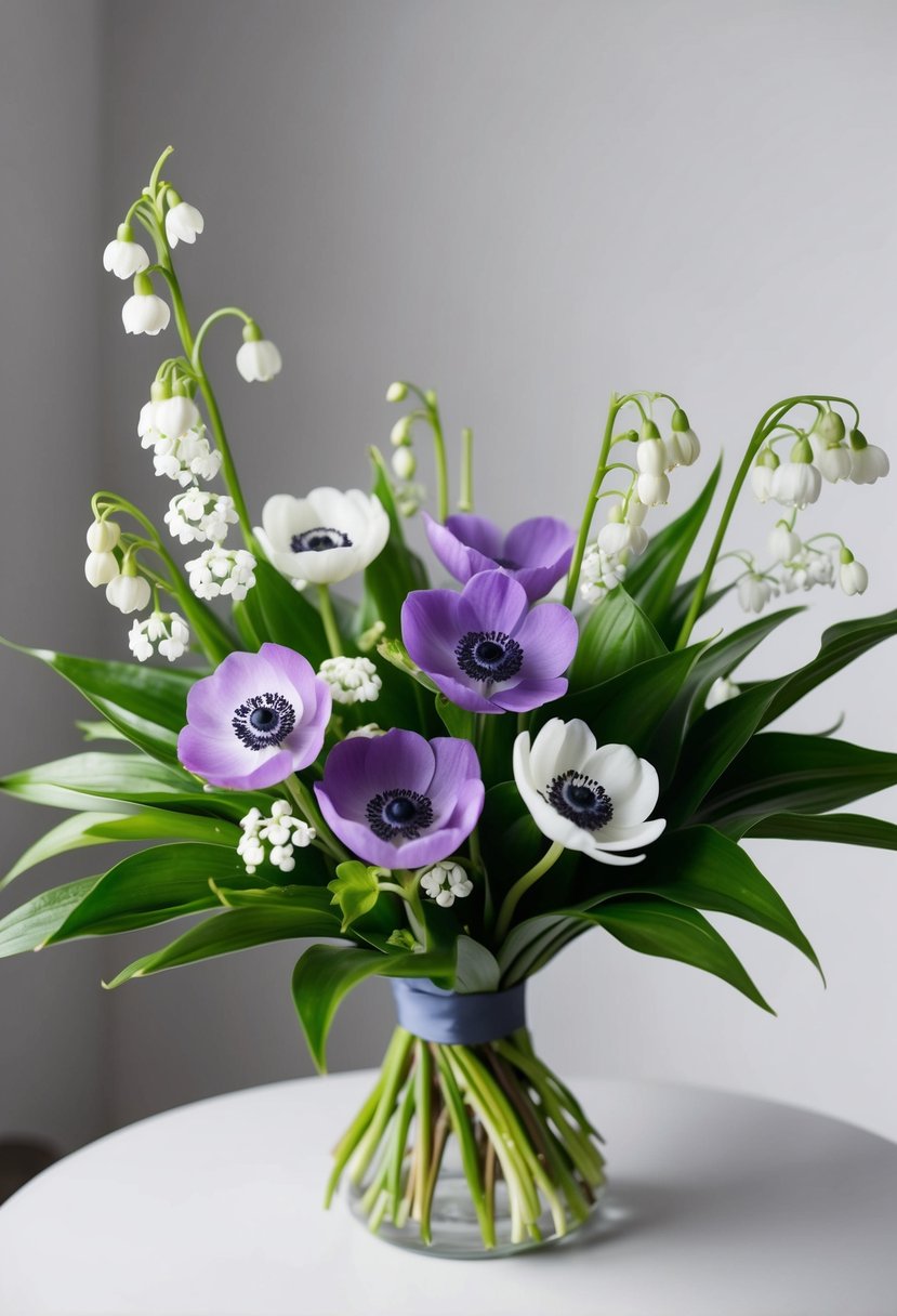 A sleek, modern bouquet featuring vibrant anemones and delicate Lily of the Valley, arranged in a chic, minimalist style