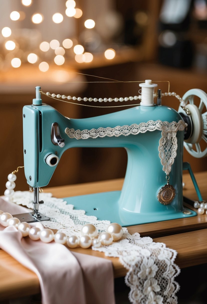 A sewing machine with vintage lace, satin, and pearls