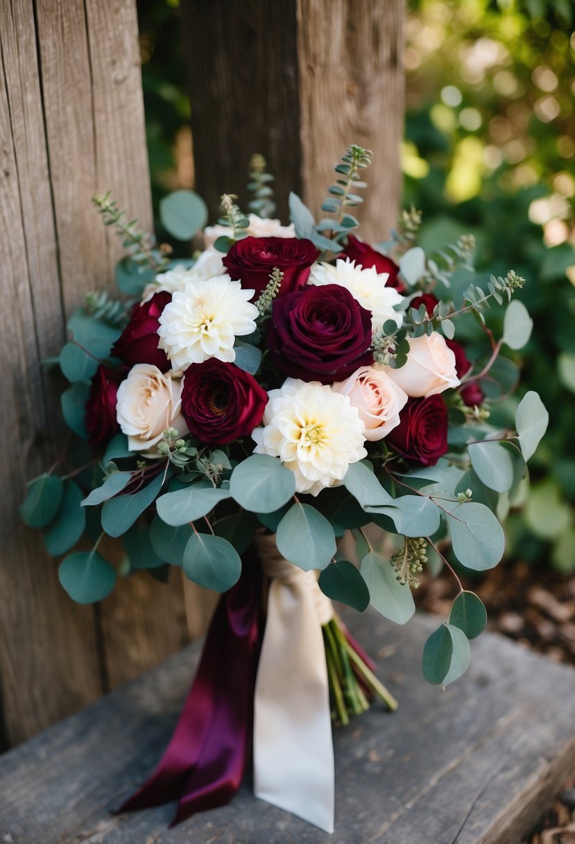 A maroon wedding bouquet with roses, dahlias, and eucalyptus arranged in a rustic, cascading style