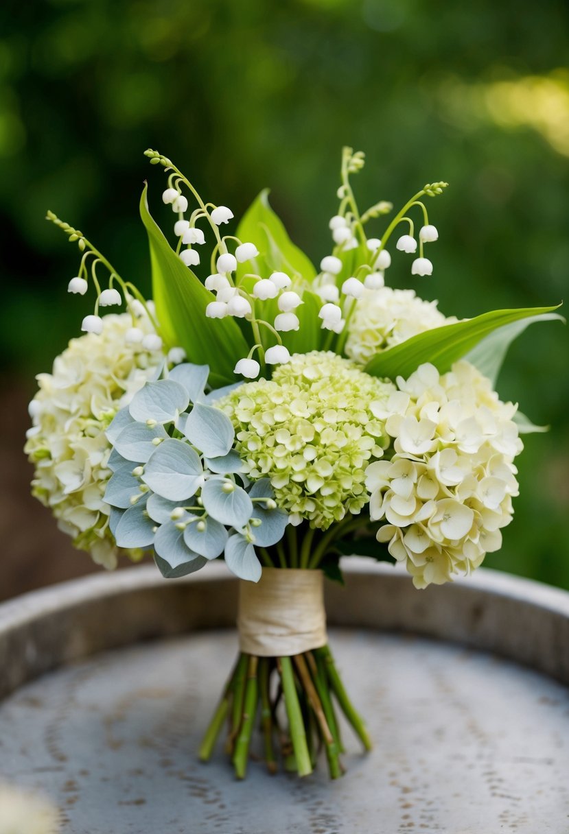 A vintage-inspired wedding bouquet featuring delicate lily of the valley and lush hydrangeas, arranged in a rustic, romantic style