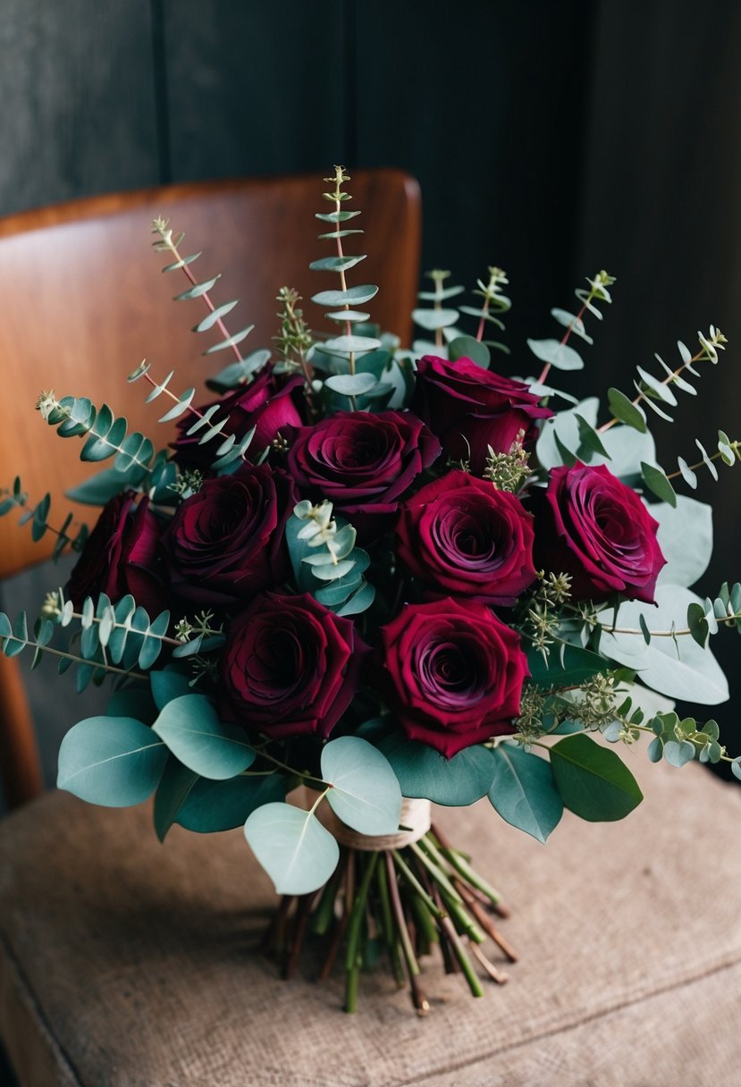 A lush bouquet of maroon roses intertwined with fragrant eucalyptus leaves, arranged in a rustic and elegant style