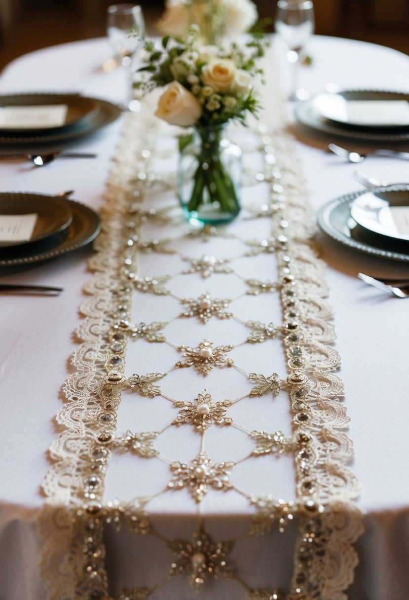 A table runner adorned with delicate lace and intricate beadwork, inspired by a 40-year-old wedding dress