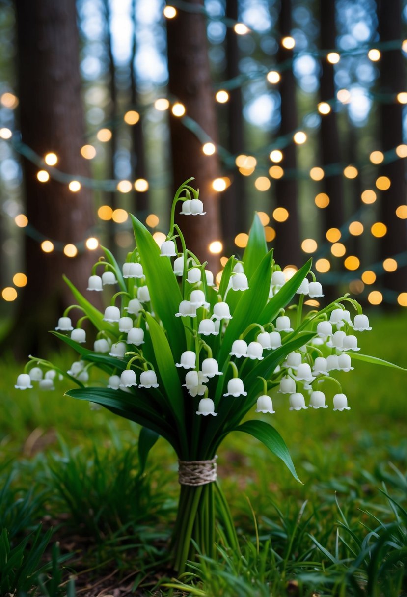 A delicate bouquet of Lily of the Valley and Stephanotis lilies, surrounded by glistening fairy lights in a enchanted forest clearing