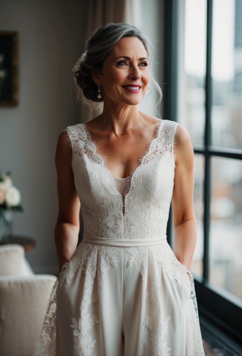 A woman in her 40s stands in a bridal jumpsuit made from repurposed lace and fabric from her mother's vintage wedding dress