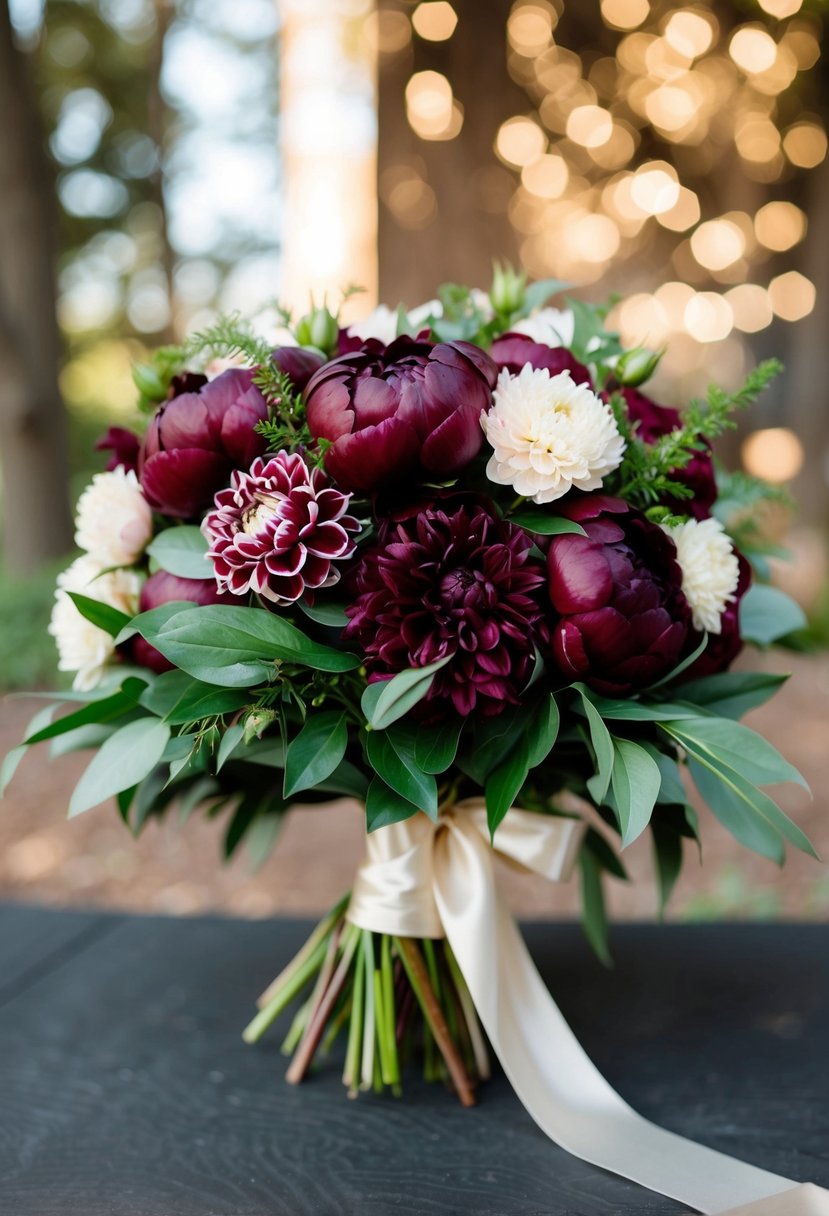 A lush bouquet of maroon peonies and dahlias, accented with greenery, tied with a satin ribbon