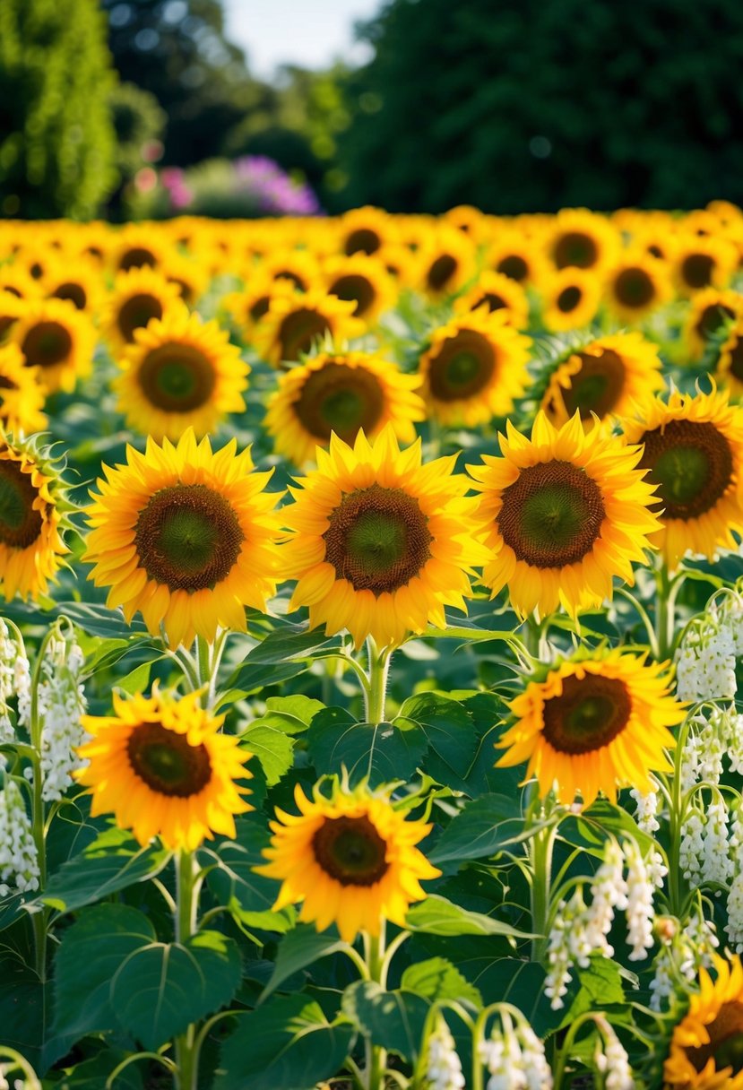 A field of vibrant sunflowers basking in the warm summer sun, surrounded by delicate Lily of the Valley flowers in a lush garden setting