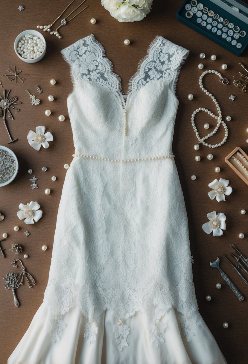 A vintage lace wedding dress laid out with scattered pearls and delicate fabric flowers, surrounded by jewelry crafting tools and materials