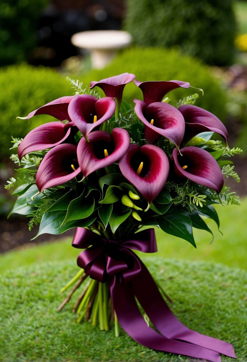 A lush bouquet of maroon calla lilies and greenery, tied with a satin ribbon