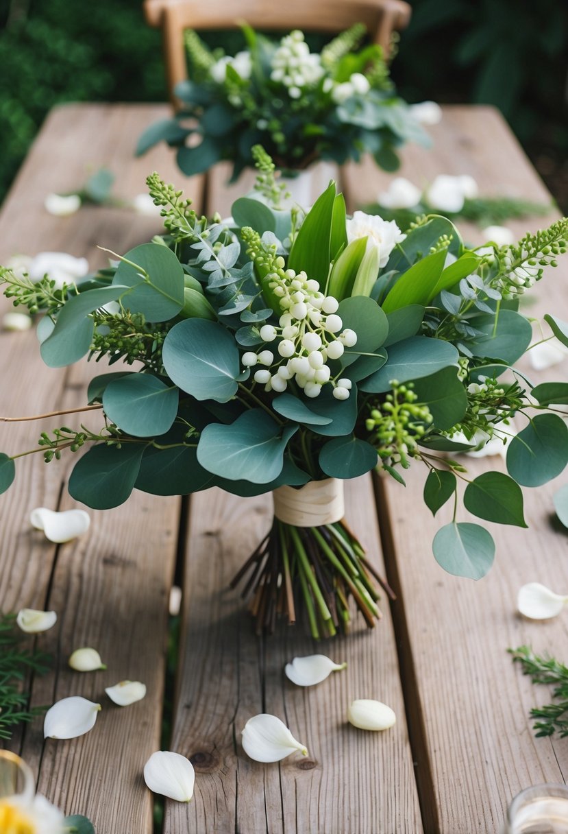 A rustic wooden table adorned with a lush wedding bouquet of eucalyptus and lily of the valley, surrounded by scattered petals and greenery